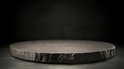 Minimalist stage: Round slate stone platform against a dark gray backdrop, creating a modern and versatile presentation space.