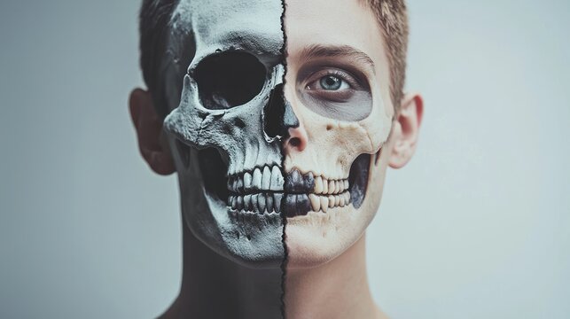 Half of a face as a skeleton, half as a living person