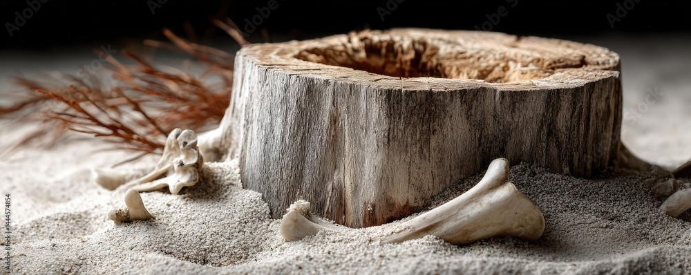 Poster tree stump exposing illegal forest damage and biodiversity loss concept. detailed view of weathered 