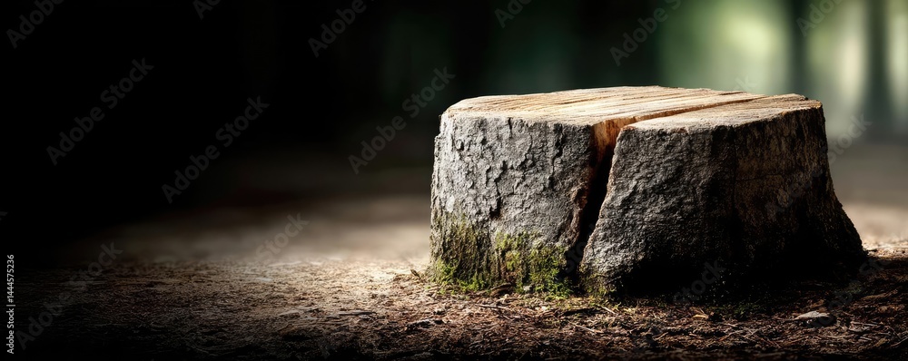 Aufkleber tree stump reflecting deforestation and climate change crisis concept. a serene wooden stump resting