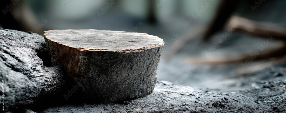 Poster Tree stump reflecting deforestation and climate change crisis concept. Close-up of a wooden stump on a textured surface with soft lighting.