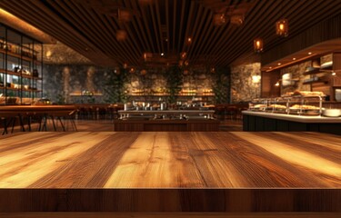 Spacious, warm cafe interior with wooden table top  Buffet area with baked goods and drinks displayed