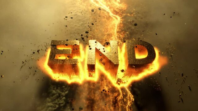 Fiery gold 'END' text engulfed in flames and sparks against a dark background, with lightning striking through.