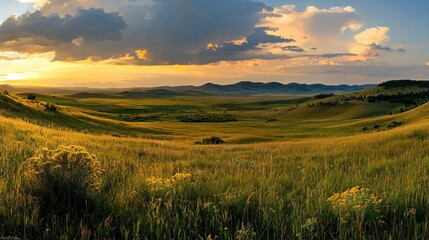 Vast open landscape featuring grass hills and a dramatic sunset