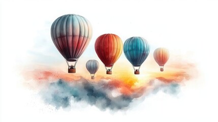 Colorful hot air balloons float gracefully above clouds during a beautiful sunrise or sunset.