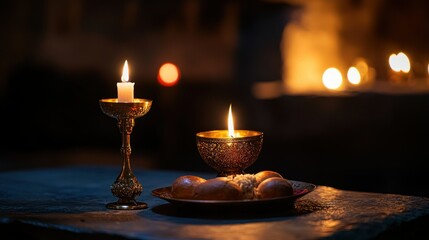 Two candles and bread are illuminated by a warm candlelight glow