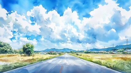 青空と一本道の水彩画