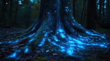 Glowing blue tree roots in dark forest