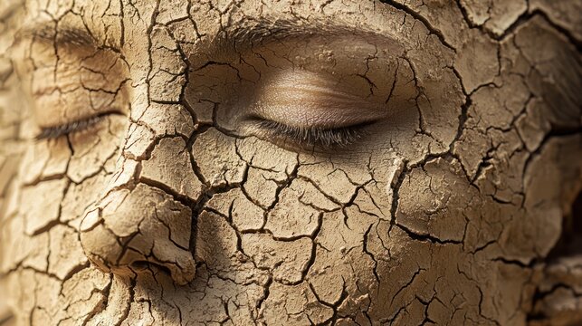 Half of a face covered in cracked desert texture
