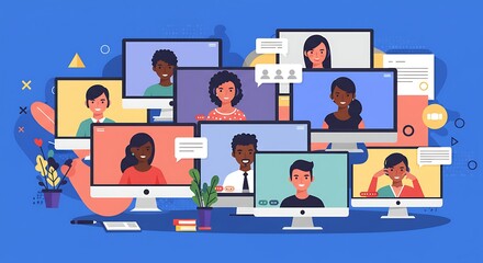 People Connecting Through Online Video Conference on Computer Screens