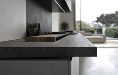 Dark gray kitchen countertop with wooden cutting board, plants, and modern cabinetry, overlooking a living area  Modern design elements blend seamlessly with a view