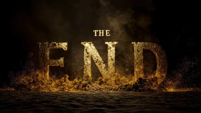 Fiery golden "The End" text effect against a dark background. Embers and sparks surround the letters, creating a dramatic and intense visual.