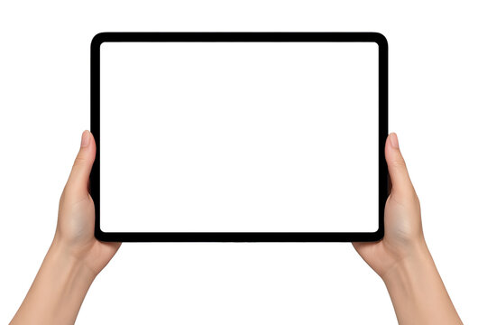 Close-up of a woman's hands holding a Digital tablet. Mockup with blank screen display. technology concept.