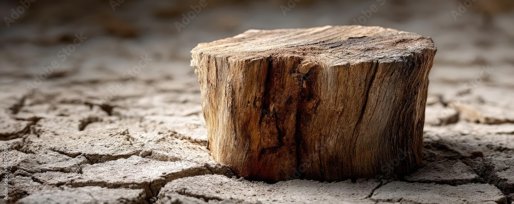 Poster tree stump reflecting deforestation and climate change crisis concept. a weathered log sits on crack