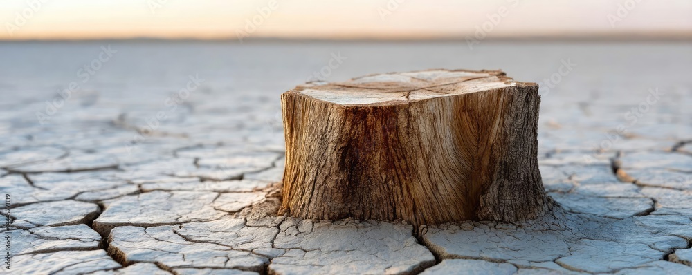 Poster tree stump reflecting deforestation and climate change crisis concept. a tree stump on barren cracke