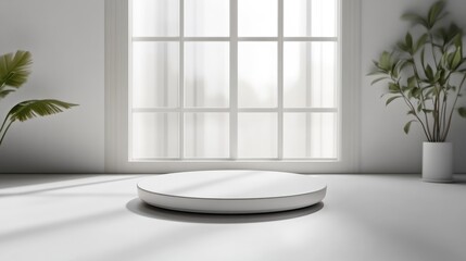 Fototapeta premium Empty white circular podium stands in a minimalist room with soft natural light coming through a large window for product display.