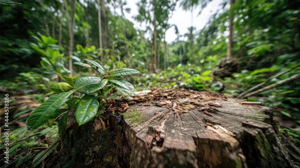 Aufkleber tree stump exposing illegal forest damage and biodiversity loss concept. a lush forest scene with gr