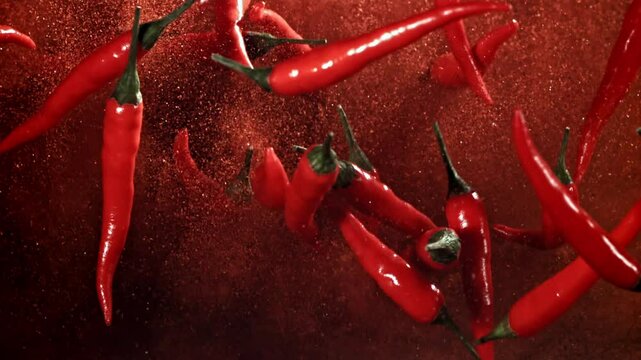 Red chili pepper in flight with ground pepper. Filmed on a high-speed camera at 1000 fps. High quality FullHD footage