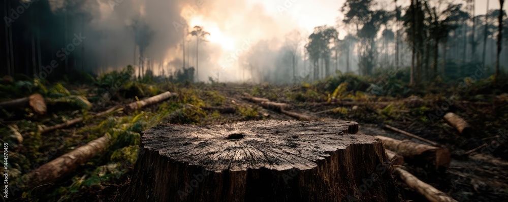Poster tree stump exposing illegal forest damage and biodiversity loss concept. a tranquil forest scene wit