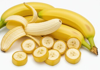 A close up of several bananas, some whole, one peeled and some sliced on a white surface close up