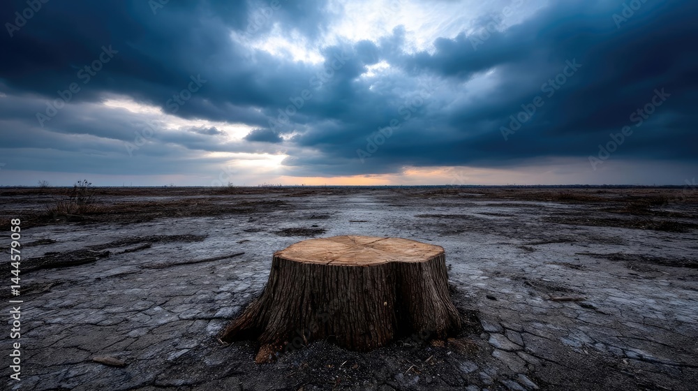 Poster tree stump representing environmental damage and forest decline concept. a stark landscape featuring