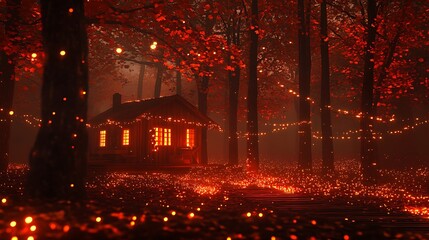 Obraz premium Cozy cabin in red forest at night