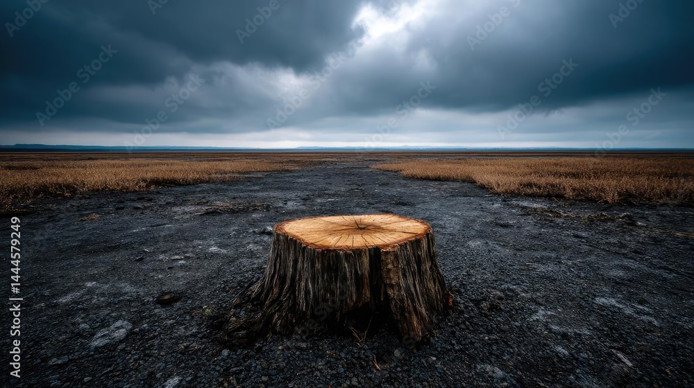 Poster tree stump representing environmental damage and forest decline concept. a solitary tree stump on ba