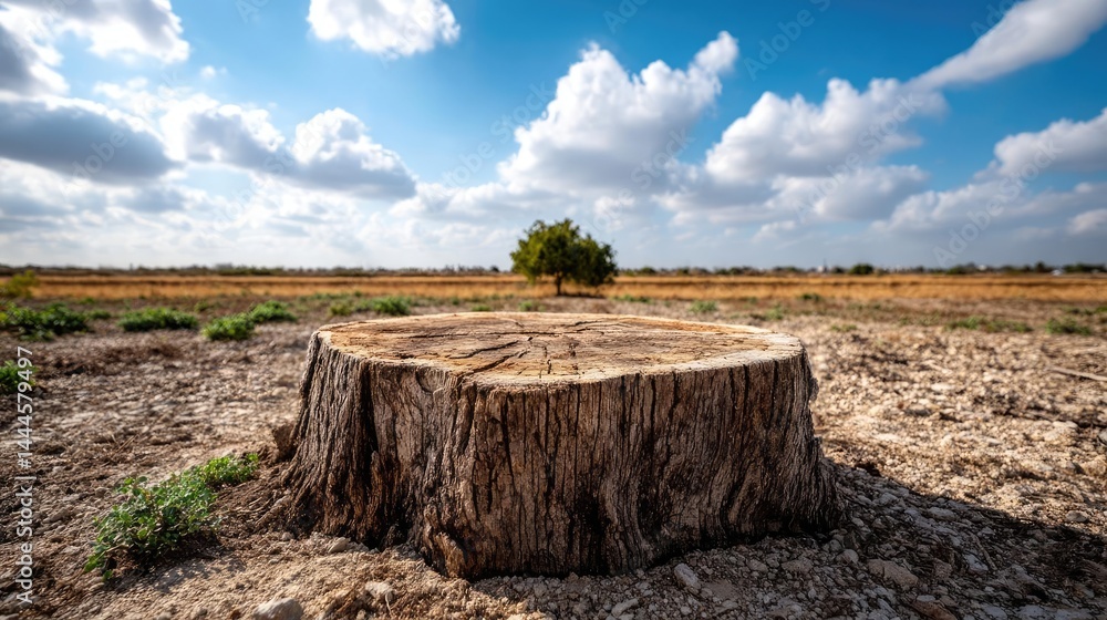 Aufkleber tree stump representing environmental damage and forest decline concept. a tree stump in a barren la