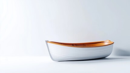 Fototapeta premium Small Rowboat Minimalist Design, Clean Studio Lighting, Side Profile View, Wooden Accents, Awaiting Voyage, White Background, Serene Peaceful Mood, Ideal for Travel Brochures