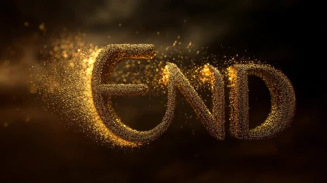 Golden glittering particles form the word END against a dark background. Sparkling dust trails behind the letters, creating a magical, fading effect.