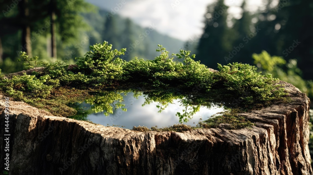 Poster tree stump exposing illegal forest damage and biodiversity loss concept. a serene forest scene with 