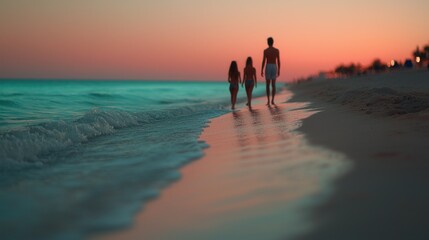 Fototapeta premium Three people are walking along a sandy beach at sunset