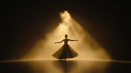 A dancer stands gracefully illuminated on a dark stage setting