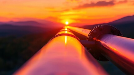 Obraz premium Metal pipelines extending towards the bright setting sun at sunset