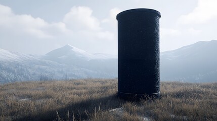 Dark cylindrical structure stands alone in a snowy mountain landscape A minimalist winter scene