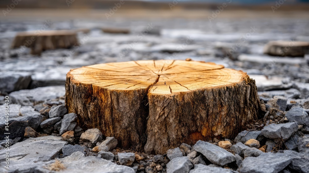 Poster tree stump representing environmental damage and forest decline concept. a detailed close-up of a tr