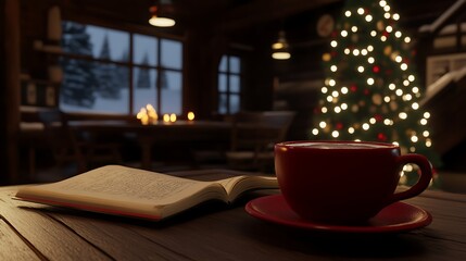 Cozy christmas interior with book and drink