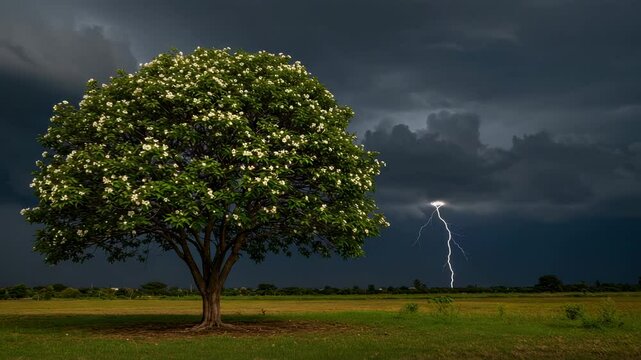 Majestic tree standing alone in a field under a dramatic stormy sky with lightning striking in the background - mamoncillo tree