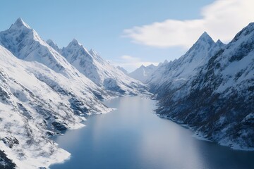 Obraz premium Serene Winter Landscape Snow capped Mountains and Glacial Lake A breathtaking view of a pristine winter scene
