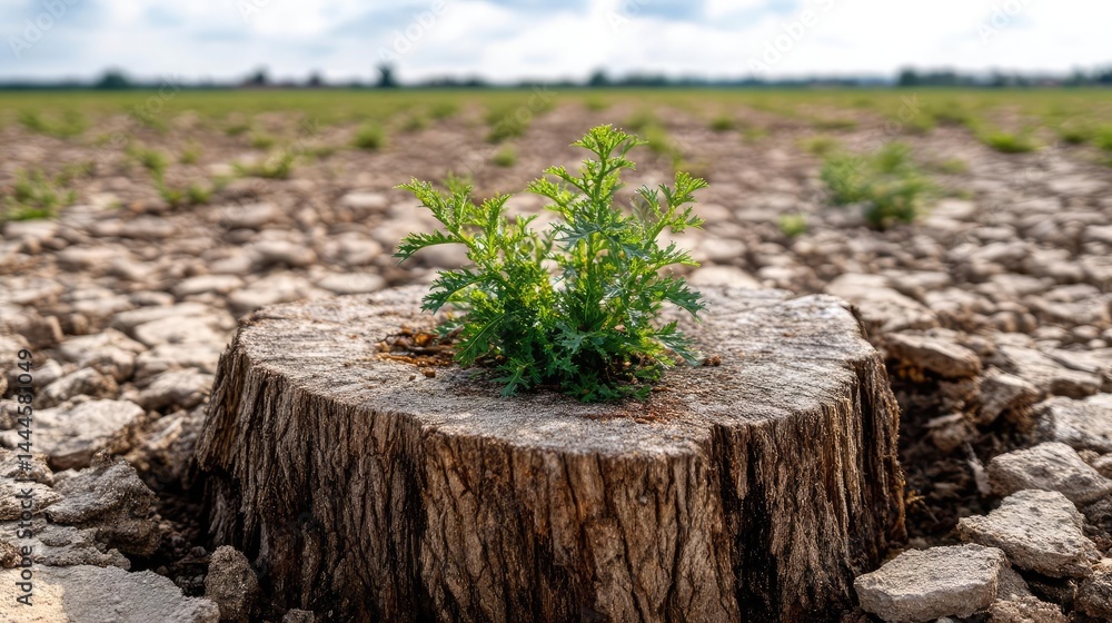 Poster tree stump representing environmental damage and forest decline concept. a resilient plant grows fro