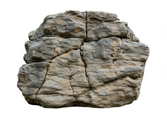 A large rock formation with visible cracks and layers isolated on a white background in outdoor setting