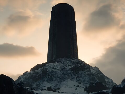 Mysterious Dark Tower on Snowy Mountain Peak at Sunset A Dramatic Landscape Photo - Powered by Adobe