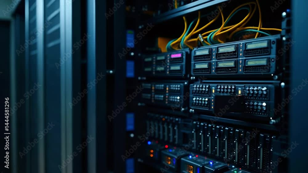 Aufkleber technician installing server hardware in a data center, with cables and equipment in the background