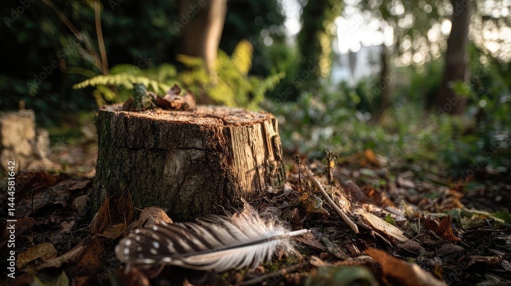 Aufkleber tree stump exposing illegal forest damage and biodiversity loss concept. a serene forest scene featu