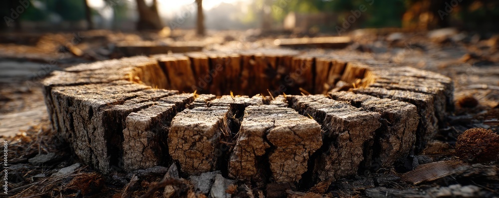 Poster tree stump exposing illegal forest damage and biodiversity loss concept. close-up of a tree stump hi