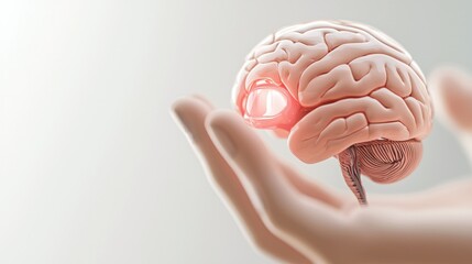 A hand gently cradles and presents a human brain anatomy illustration