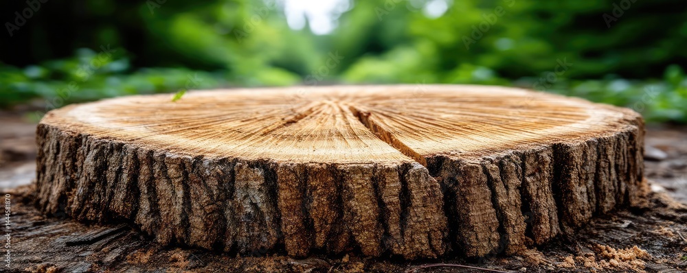 Poster tree stump exposing illegal forest damage and biodiversity loss concept. close-up of a tree stump su