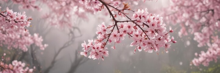 Obraz premium Delicate pink sakura petals drift on a soft-focus spring background , soft pink, tranquil scene