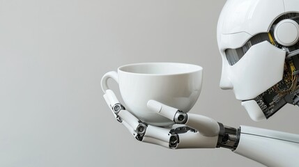 A robotic head observes a white teacup held in its metallic hand