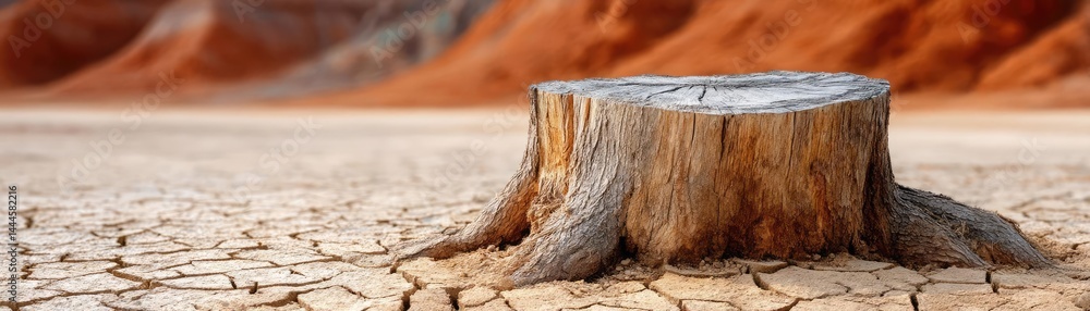 Poster Tree stump representing environmental damage and forest decline concept. A dry landscape featuring a tree stump surrounded by cracked earth.